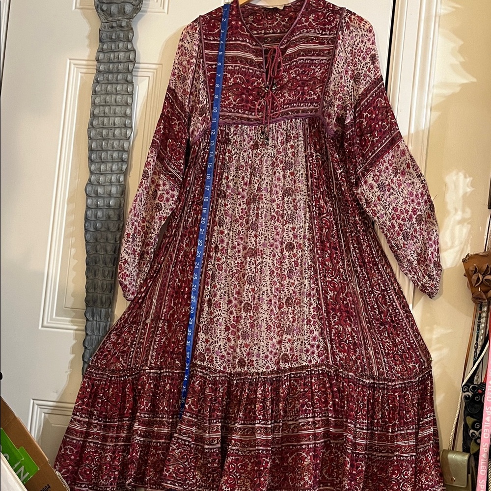 Vintage Boho Floral Long Sleeve Midi Dress - Maroon